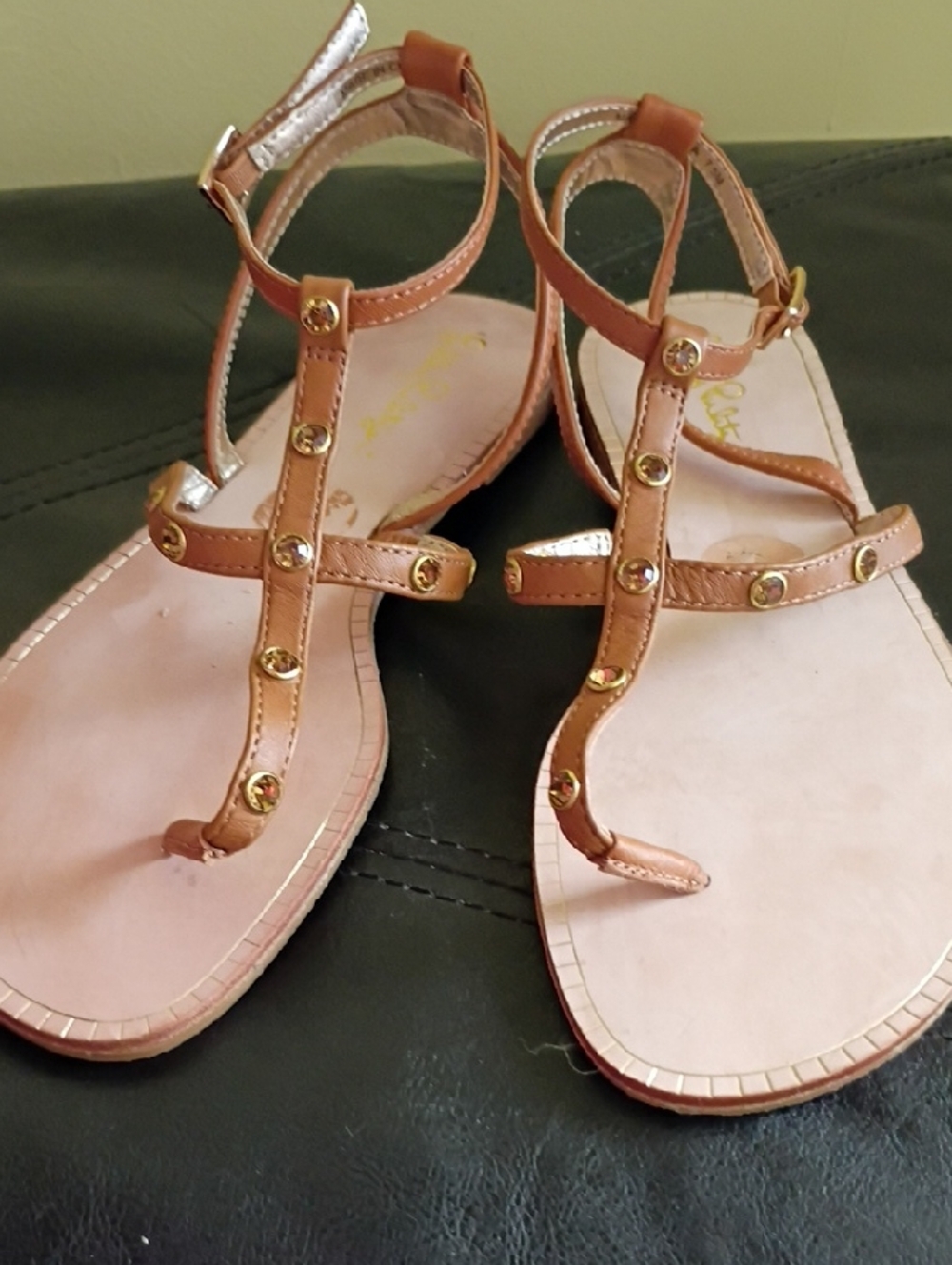 Lilly Pulitzer Brown T-Strap Sandals with Gold Studs